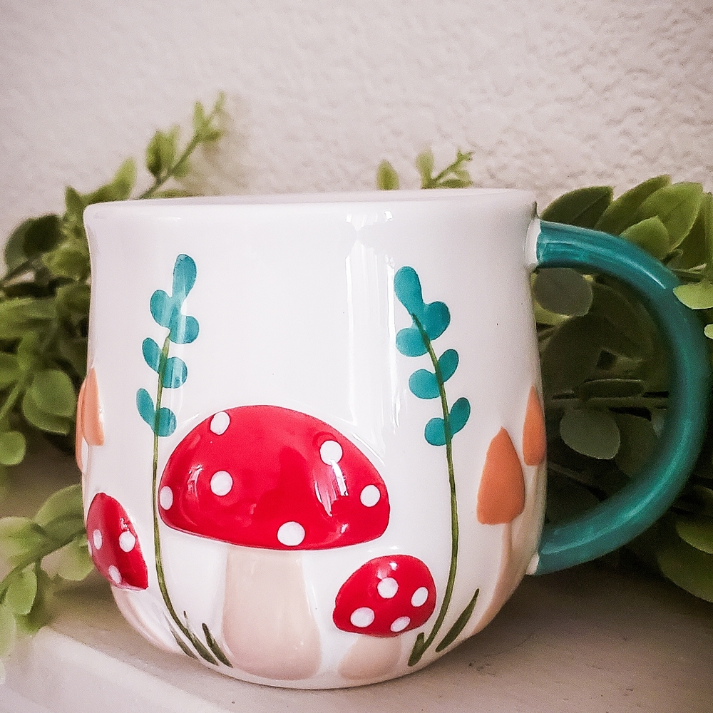 Whimsical Mushroom Mug - Red and Teal